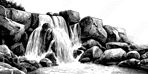 Waterfall cascading over rocks in vintage engraving style for artistic prints and decoration