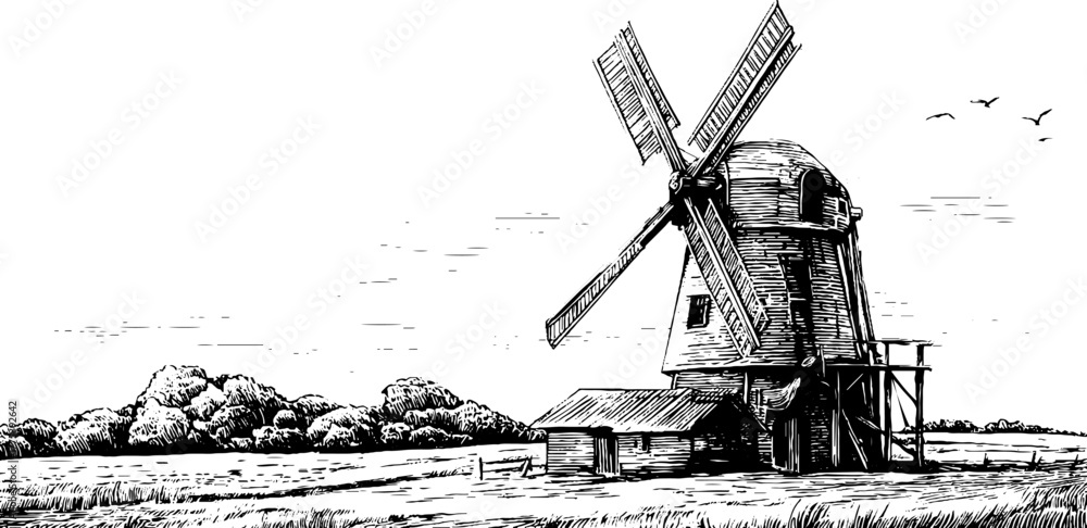 Obraz premium Vintage windmill with turning blades in black and white engraving style for retro design