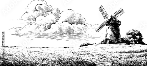 Rustic windmill in open field with dramatic clouds in vintage engraving style