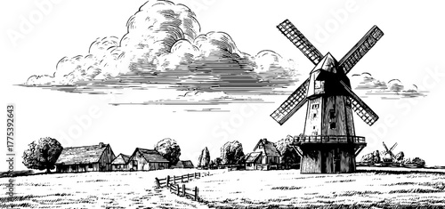 Windmill in countryside field with dramatic clouds in vintage engraving style