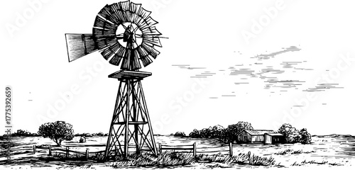 Vintage windmill landscape in engraving style with turning blades for retro design