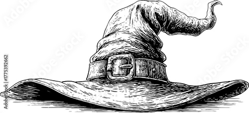 Vintage witch hat with buckle in engraving style for halloween and magic themes
