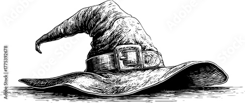 Vintage witch hat with buckle in engraving style for halloween design and decor