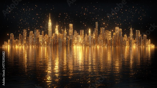 Golden city skyline reflected in water at night (1)