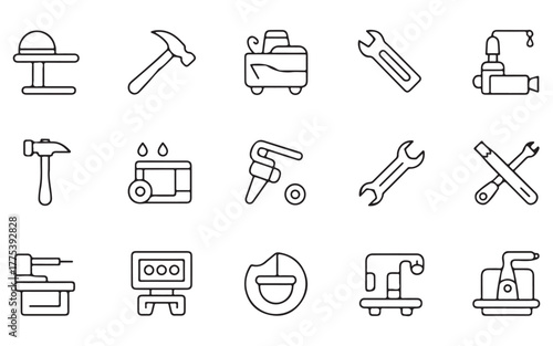  Collection of hand drawn line art icons representing various tools and equipment for construction and repair