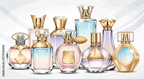 Luxury Perfume Bottle – Elegant Glass Beauty Spray with Golden Accents for Fragrance and Cosmetic Design