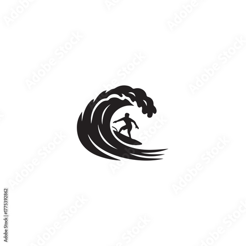 Silhouette of surfer riding big wave, white background