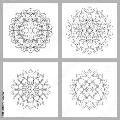 Asian floral mandalas set for adults coloring book. Vector ethnic circular ornaments. Black and white linear illustrations