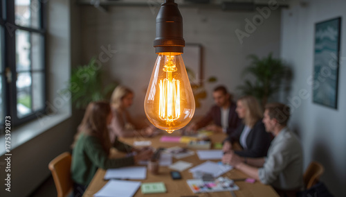 Bright Light Bulb Over Conference Table with Team Meeting Vibe
