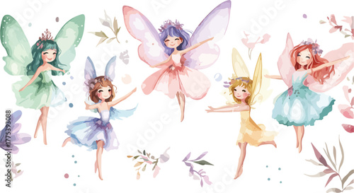Whimsical watercolor fairies dancing gracefully with delicate wings and floral accents