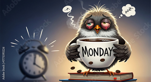 Tired cartoon bird holding coffee mug on monday morning next to alarm clock
