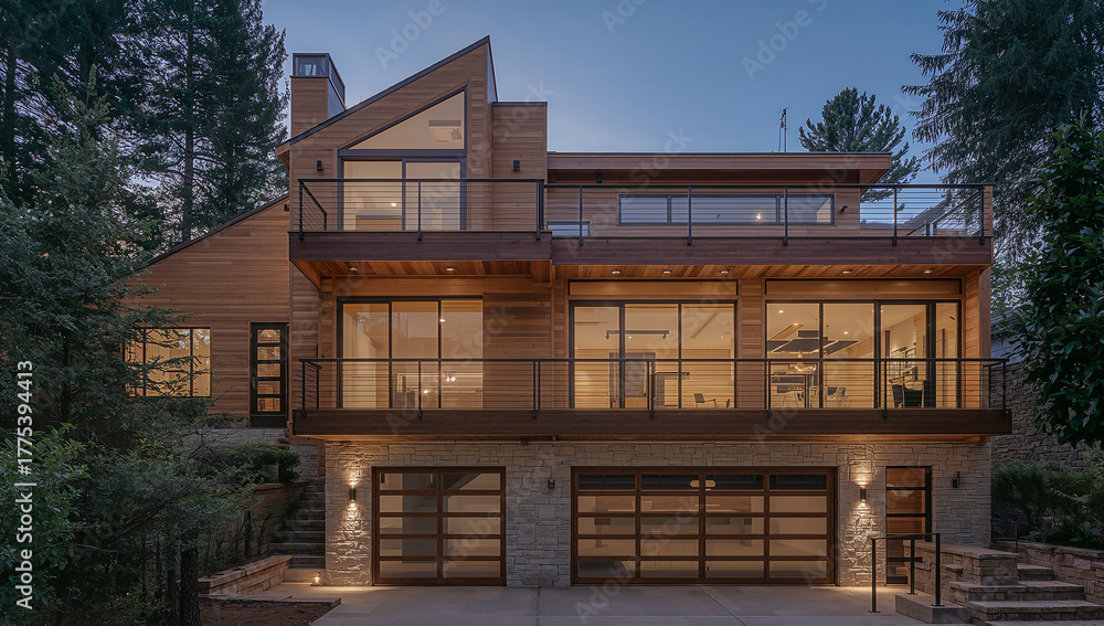 Obraz premium Modern luxury home with wood siding, stone accents, and glass windows