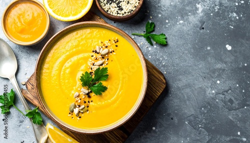 Overhead shot of a vibrant orange soup in a bowl, garnished with seeds & herbs. Accompanied by lemon, seeds, and small bowls. Texture is key