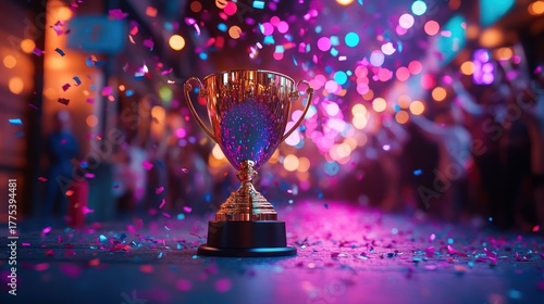 Golden trophy at a vibrant party