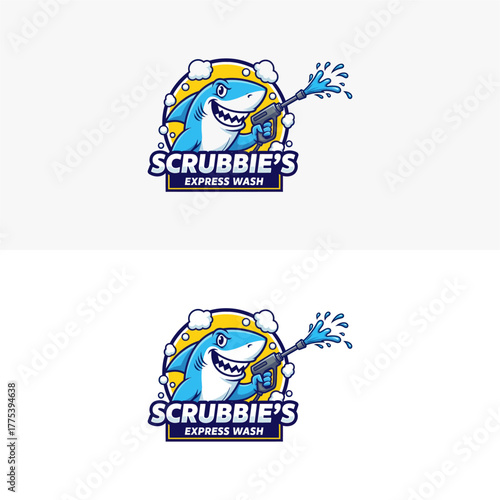 A fun and friendly cartoon shark mascot logo design for a car wash or pressure washing service, holding a water sprayer gun