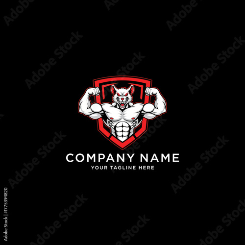 Fierce wolf animal mascot logo concept featuring a muscular bodybuilder flexing within a shield, ideal for a fitness club or athletic team emblem