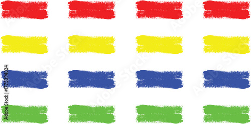 Four rows of four colorful brush stroke rectangles in red, yellow, blue, and green, isolated on white background