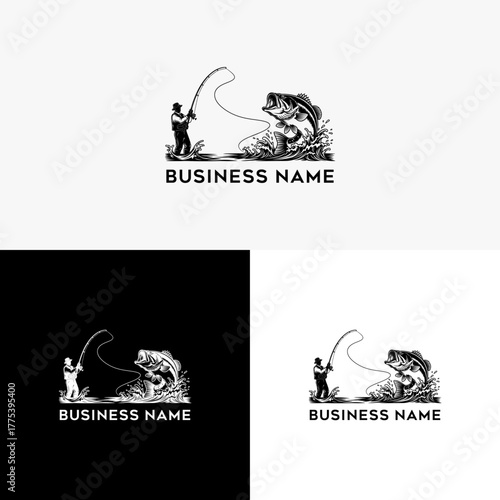 Classic monochrome emblem of an angler catching a large jumping bass, a timeless design for a fishing-themed business logo