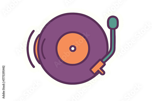 Photos Vibrant purple and orange vinyl record spinning on a classic retro style turntab