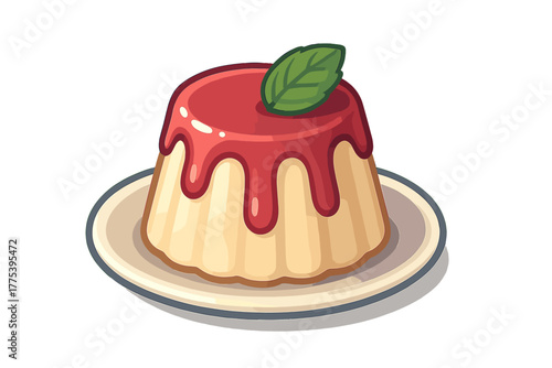 Sweet creamy pudding dessert topped with dripping red berry sauce and fresh green mint leaf