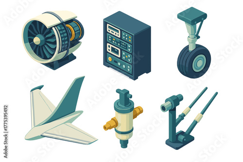 Isometric collection of aviation and aerospace engineering components including jet engine and landing gear