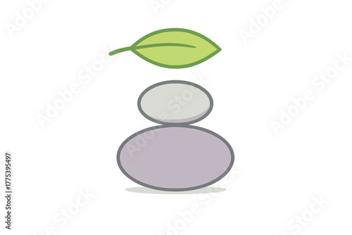 Smooth stacked spa stones and fresh green leaf representing harmony and wellness