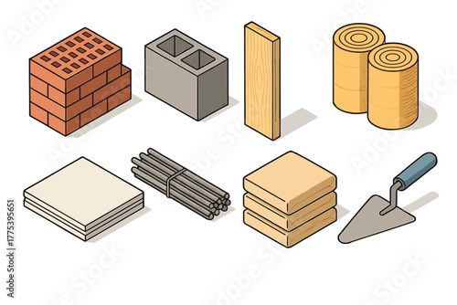 Isometric set of essential construction materials and tools: bricks, concrete block, wood plank, rebar, and trowel