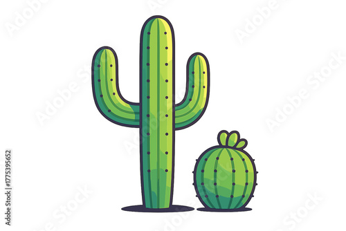 Two stylized green desert cacti: a tall saguaro and a round barrel cactus standing together