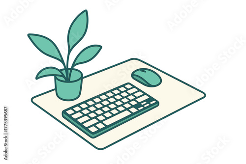 Isometric minimalist desk setup with keyboard, mouse, and potted houseplant on a large mat