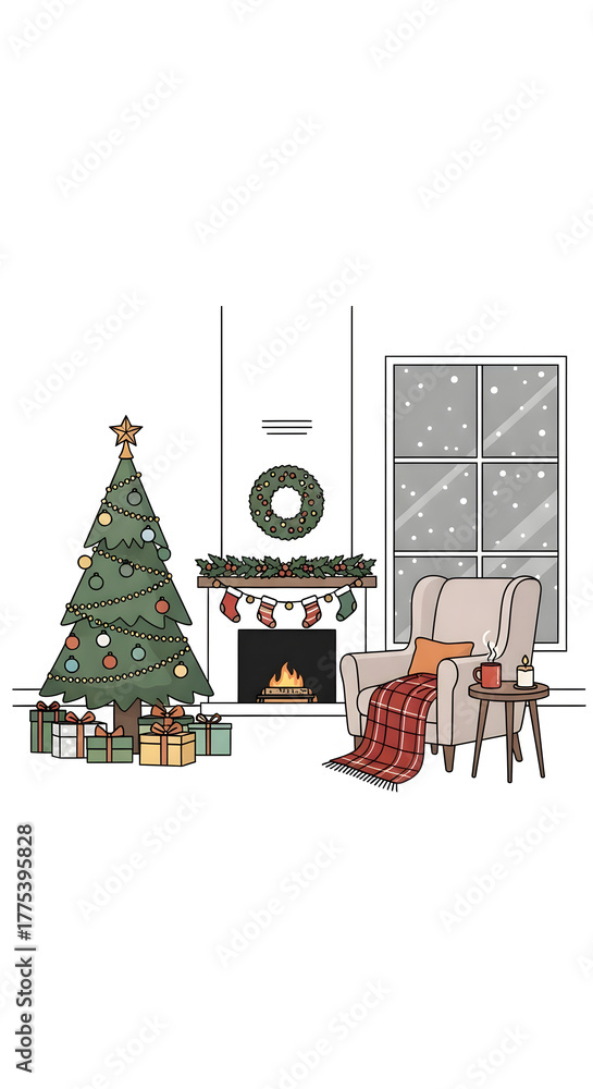 Fototapeta premium Cozy Christmas Interior with Tree Fireplace and Armchair.
