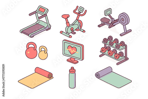 Isometric set of gym and workout equipment including cardio machines, weights, and accessories