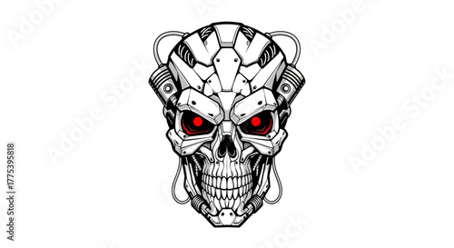 Cybernetic Skull: A menacing cyborg skull with piercing red eyes and intricate mechanical details. The futuristic design evokes a sense of advanced technology and a hint of dystopian danger.