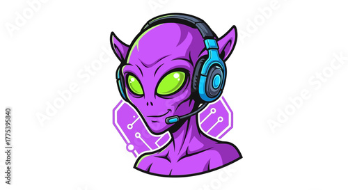 Vibrant alien gamer with headset and glowing eyes, ready to conquer the virtual world with futuristic design and technology