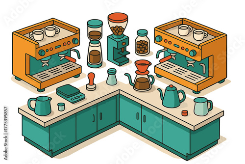 Isometric professional coffee bar counter with espresso machines and brewing equipment