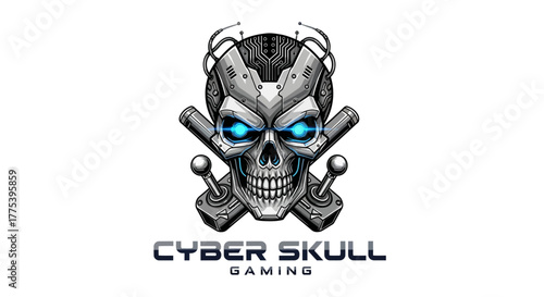 Cyber Skull Gaming Icon: A striking cyber skull gaming icon, a fusion of technology and the macabre, with glowing blue eyes, and controllers adding a touch of gaming essence.