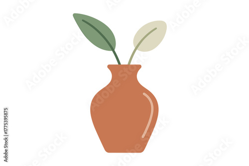 Minimalist terracotta vase holding two green leaves on a white background
