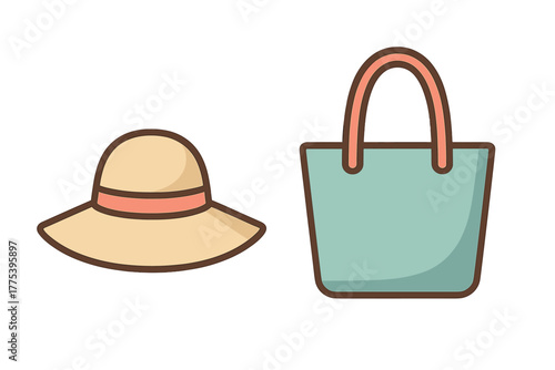 Wide brim sun hat and colorful beach tote bag set for summer vacation