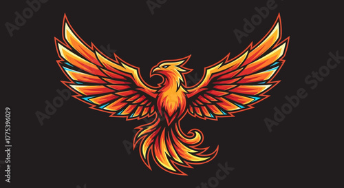 Fiery Phoenix with outstretched wings soaring against a black background, representing strength and rebirth