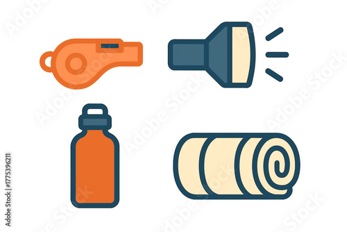 Essential camping and hiking equipment featuring whistle, flashlight, water bottle, and sleeping mat