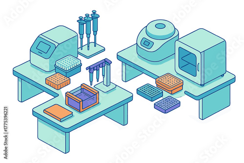 Isometric setup of scientific laboratory equipment for biological and chemical research