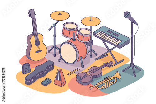 Isometric set of musical instruments: drums, guitar, keyboard, violin, trumpet, microphone, and accessories