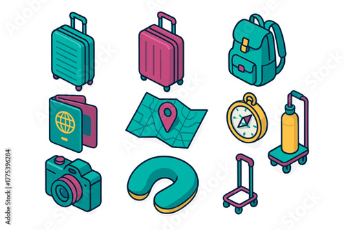 Colorful isometric set of essential items for travel, tourism, and vacation