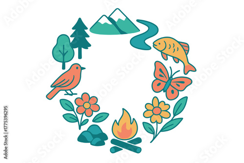 Circular wreath design composed of outdoor and natural elements including flora, fauna, and landscape features