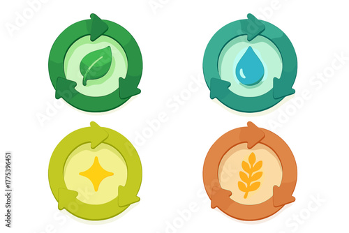 Colorful circular icons for natural resources, sustainability, recycling, water, energy, and wheat