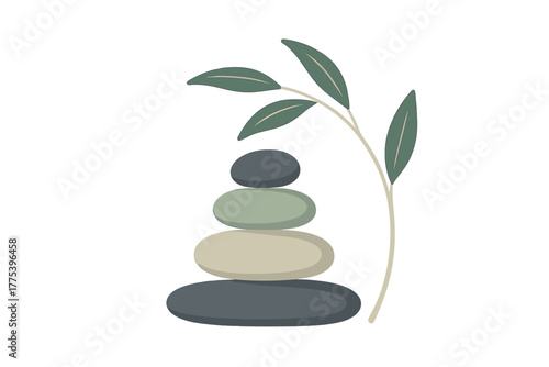 Smooth stacked pebbles and green plant branch symbolizing serene balance in muted colors