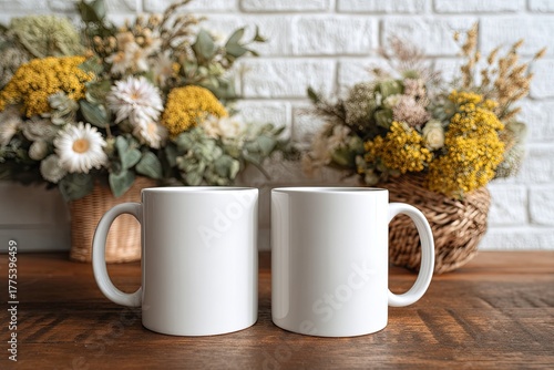 Wallpaper Mural Two blank white mugs on wooden table with rustic dried floral arrangements Torontodigital.ca