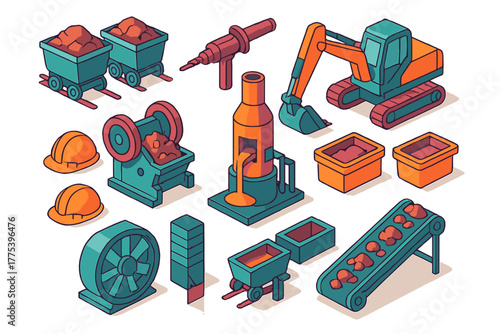 Isometric set of mining machinery, safety helmets, and raw material transport equipment