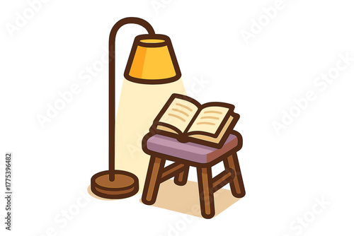 An open book resting on a small stool illuminated by a warm floor lamp providing cozy light