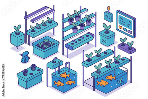 Isometric indoor farming system setup showing hydroponics and aquaponics with plants and fish tanks