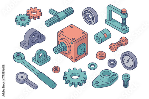 Isometric set of industrial mechanical parts gears bearings bolts and tools